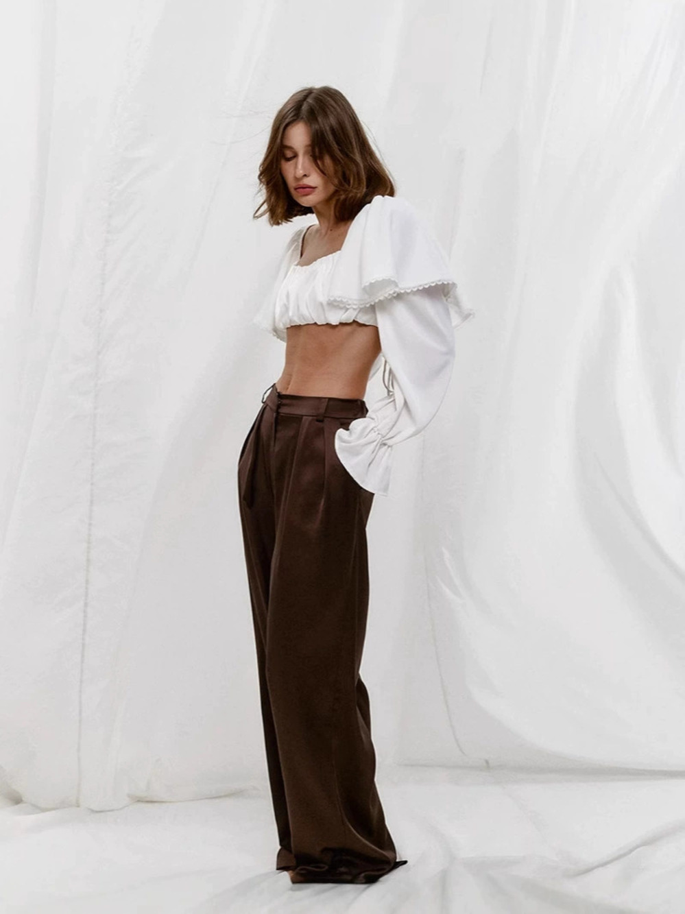 Zara White Cropped Patchwork Ruffle Pullover Blouse Spring - Picture 2 of 5